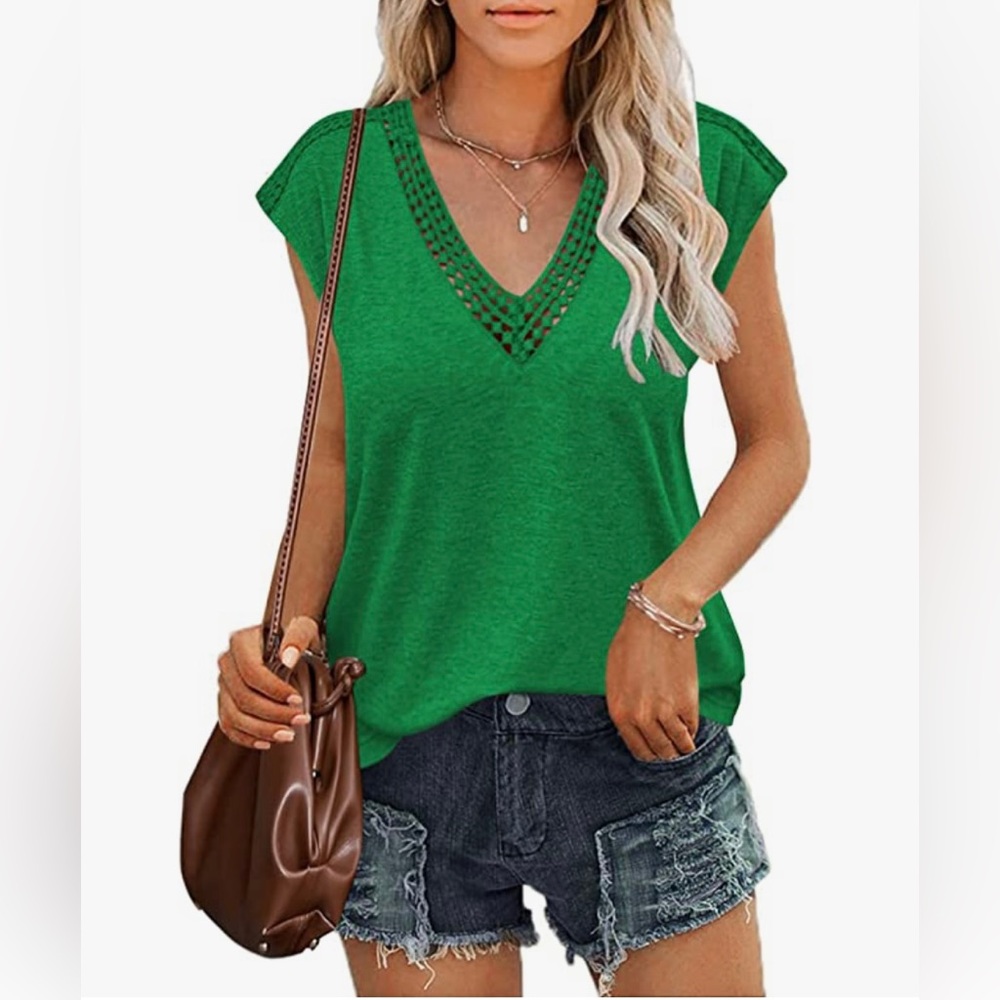 NWT Green V Neck Lace Trim Blouse L Cap Sleeve Loose Fit Tunic Top